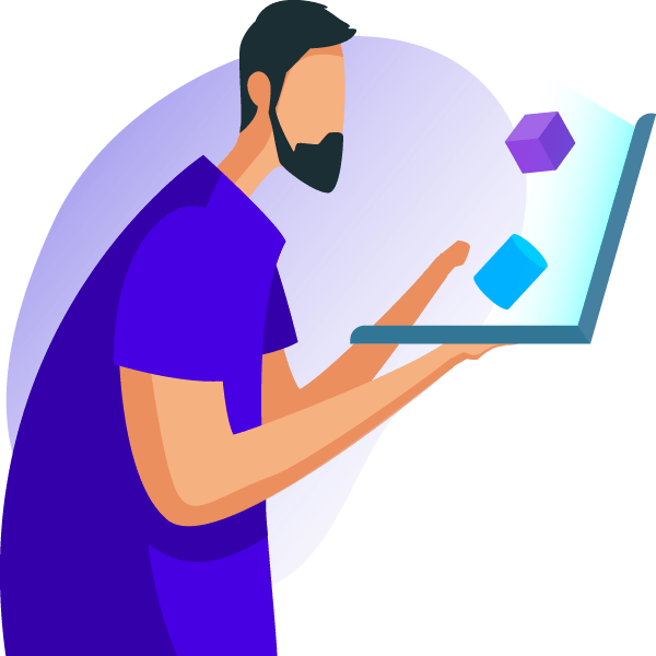 Illustration of a bearded person holding a laptop, with geometric cubes floating above the keyboard, set against a purple abstract background.