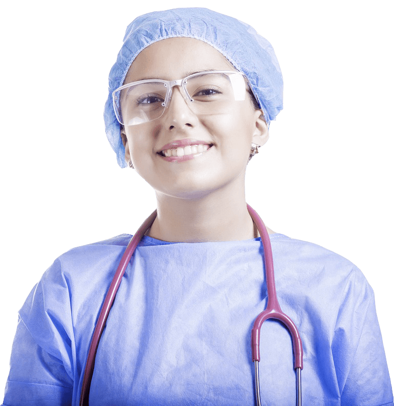 Smiling healthcare professional in medical scrubs, hair cap, protective glasses, and stethoscope.