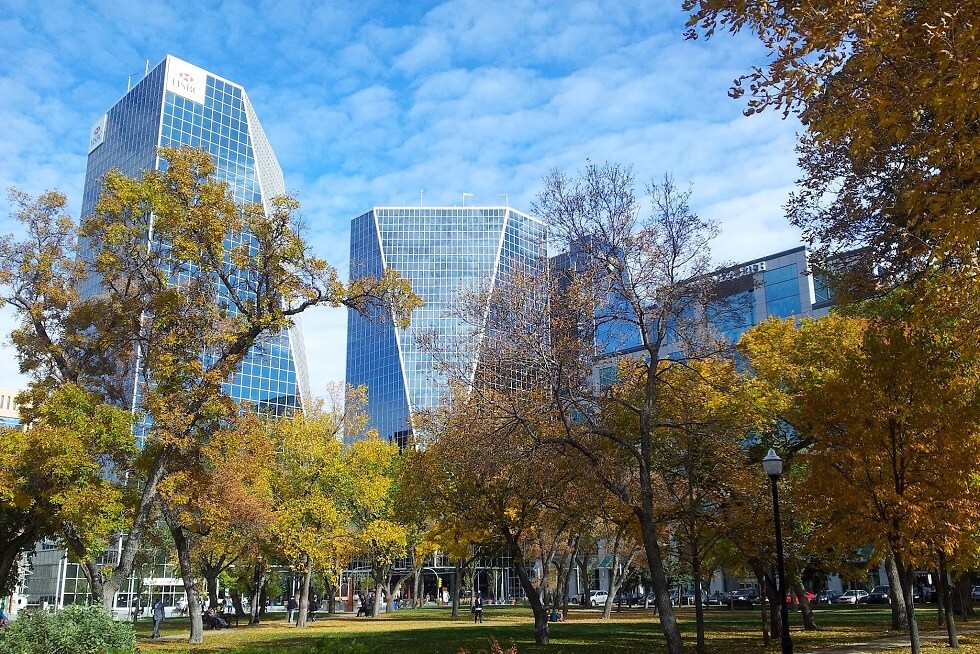 Modern glass office buildings stand behind autumn-colored trees in a city park, beneath a blue sky with scattered clouds.