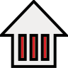 Black-outlined white upward arrow with three vertical red rectangles at its base, resembling windows or bars.
