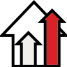 Two upward-pointing arrows on a black background: a small white arrow on the left and a larger red arrow on the right.