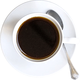 A cup of black coffee in a white cup on a white saucer with a metal teaspoon resting on the saucer.