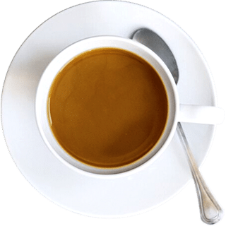 A white cup filled with coffee on a white saucer, with a metal spoon next to the cup.