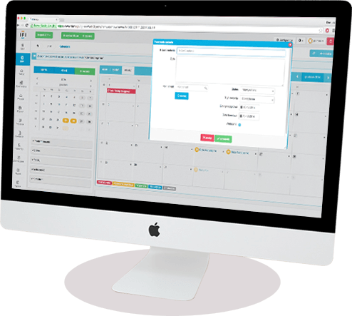 IMac screen showing a calendar app with an event creation window open in the foreground.