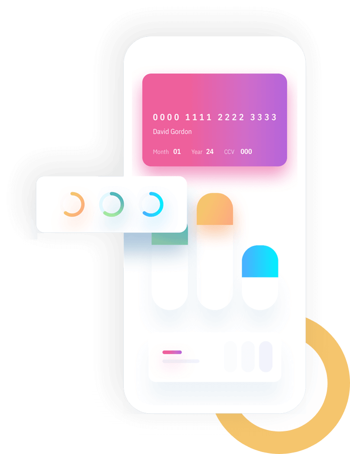 Mobile app interface illustration displaying a digital credit card, circular progress indicators, and bar graphs on a white background with colorful gradients.