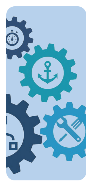 Illustration of four blue interlocking gears, each featuring a distinct white icon: a stopwatch, an anchor, a padlock, and a wrench crossed with a fork.