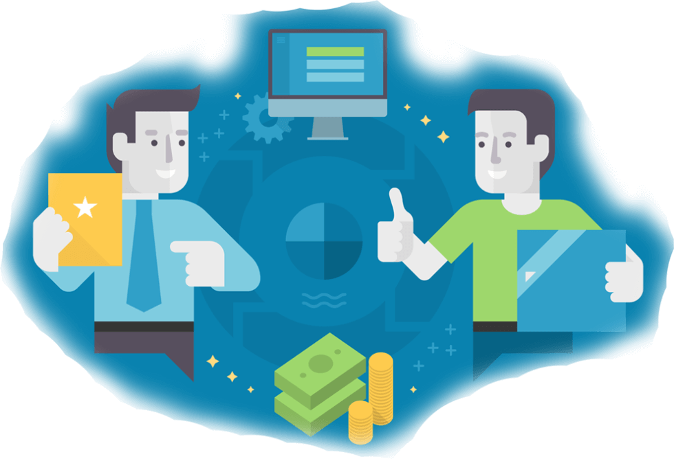 Two illustrated men exchange items—one holds a folder with a star, the other holds a box. A computer, cash, and coins in the background suggest a business transaction.