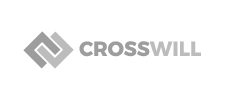 Gray Crosswill logo featuring two interlocking diamond shapes to the left of the bold, uppercase word CROSSWILL.