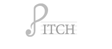The word PITCH appears in stylized lettering; the letter P is shaped like a musical treble clef, and horizontal lines behind the letters resemble a music staff.