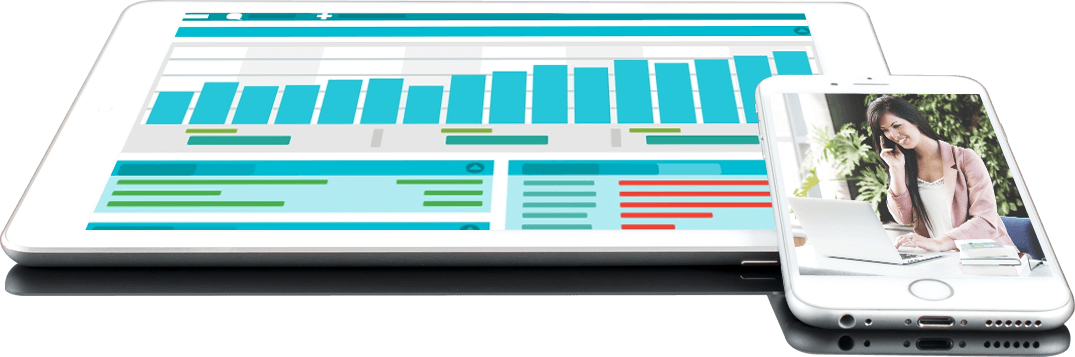 Tablet displaying bar charts and data next to a smartphone showing a woman working on a laptop.