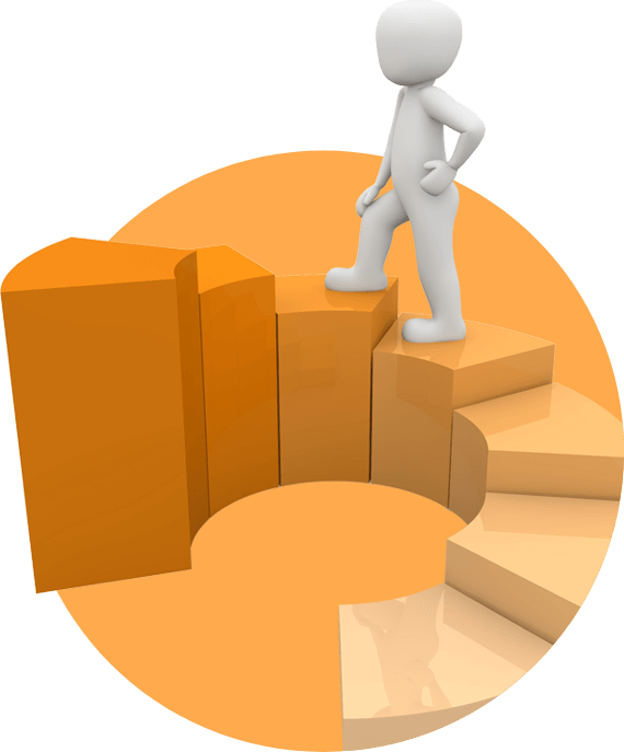A white 3D figure stands atop orange, ascending, circular steps against an orange background.